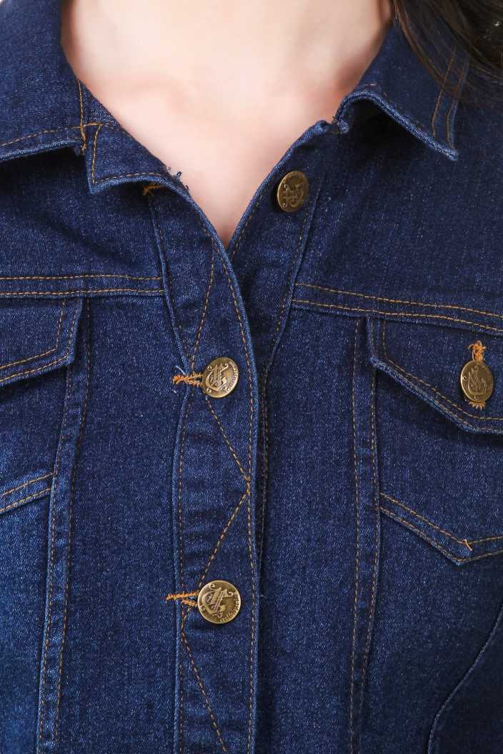 Stylish dark blue denim jacket with golden buttons and pockets, showcasing a classic and versatile women's fashion item.