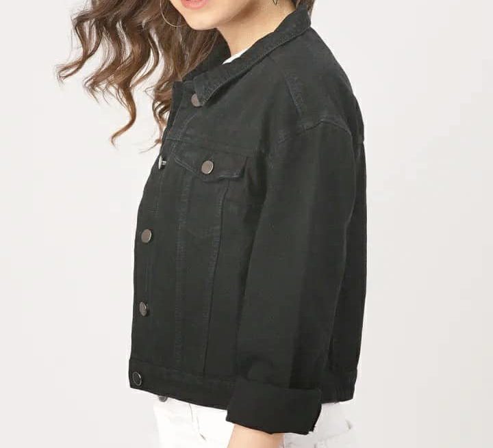 Stylish black denim jacket for women, featuring button-up design and casual look