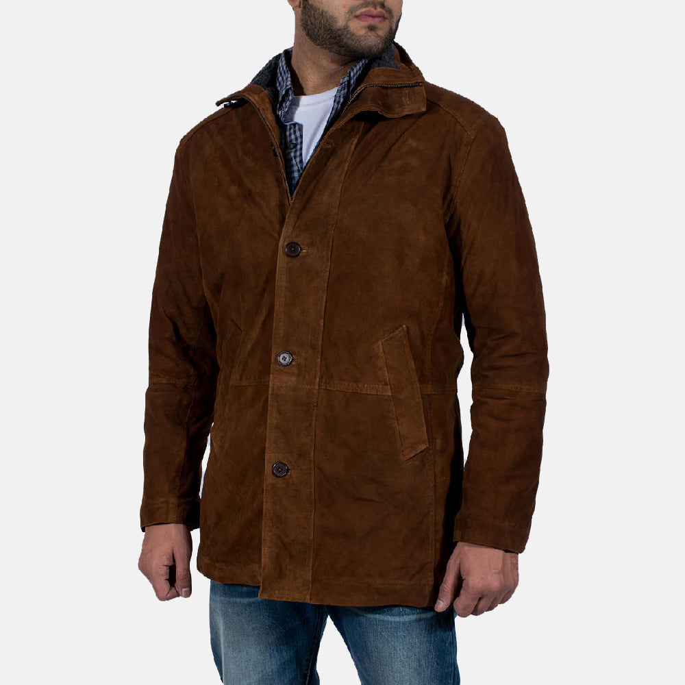 Brown suede jacket with button closure and pockets, worn by a man over a plaid shirt and jeans, showcasing a casual yet stylish attire.