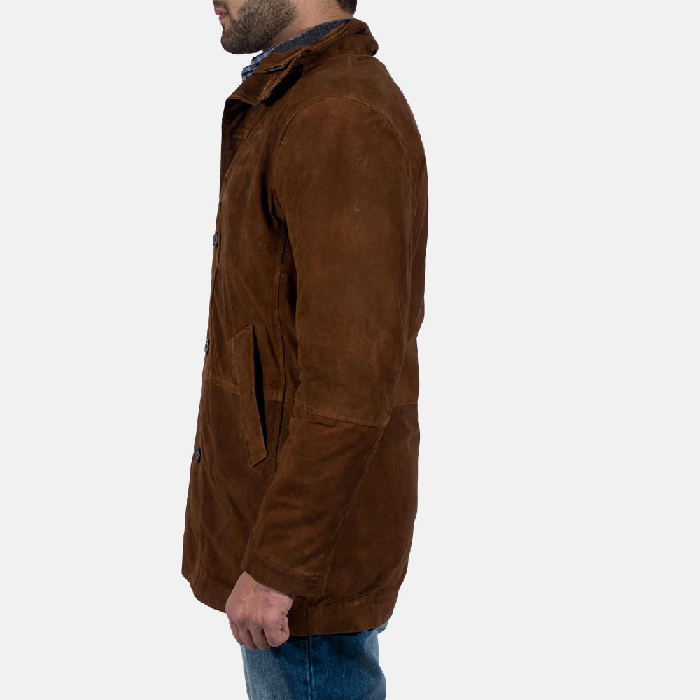 Detailed brown suede jacket with a collar, worn by a male model against a plain background.