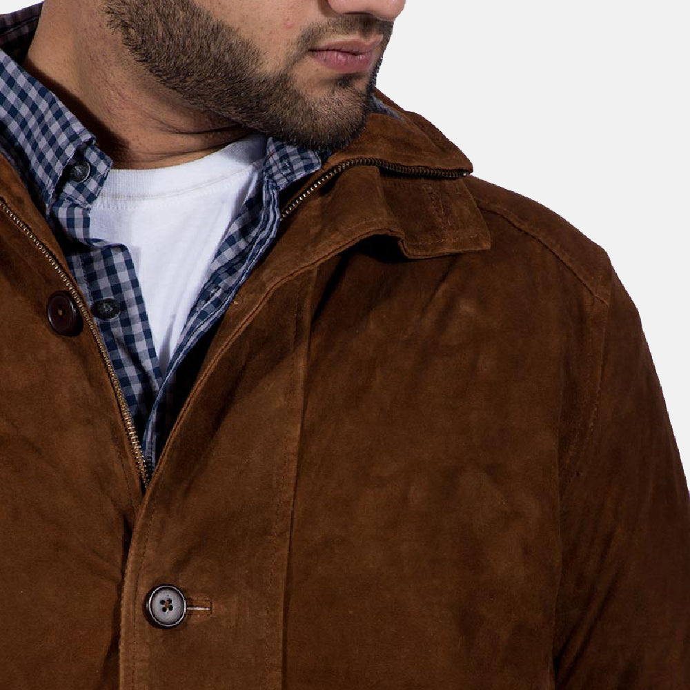 Warm brown suede jacket with collar, worn by a man with a beard.