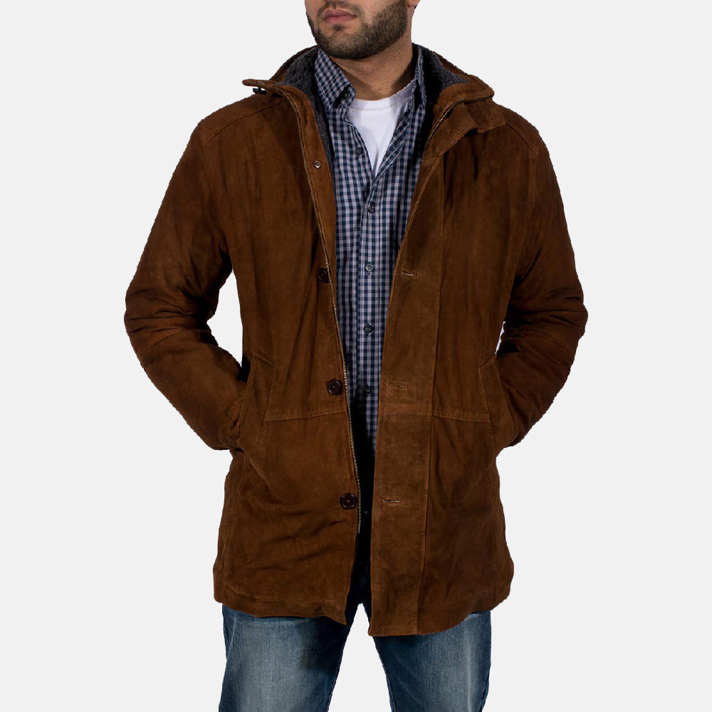 Brown suede jacket with hoodie worn by a man with jeans and a checkered shirt in the Ace Cart store image.