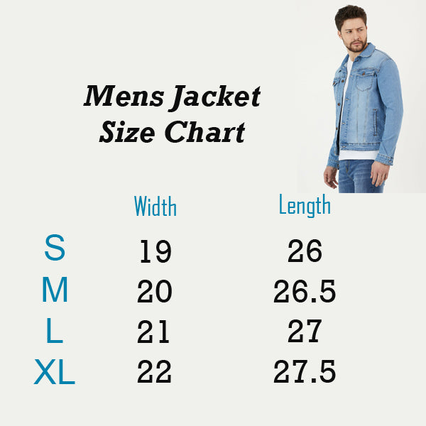 Light blue denim jacket for men, size chart showing width and length measurements