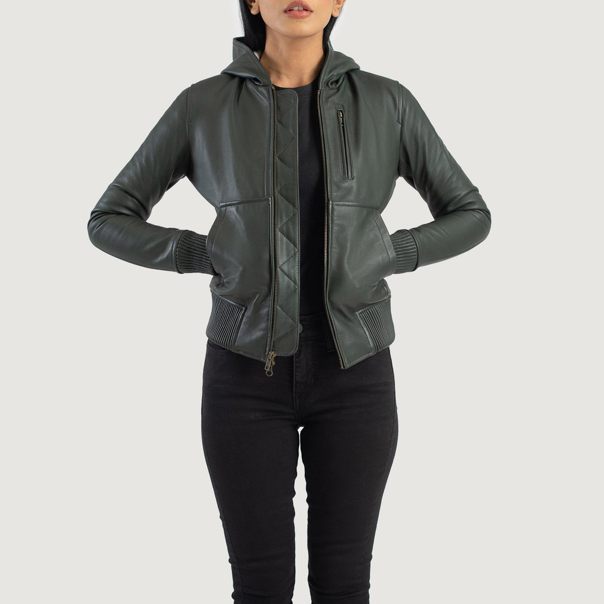 Luna Green Hooded Leather Bomber Jacket