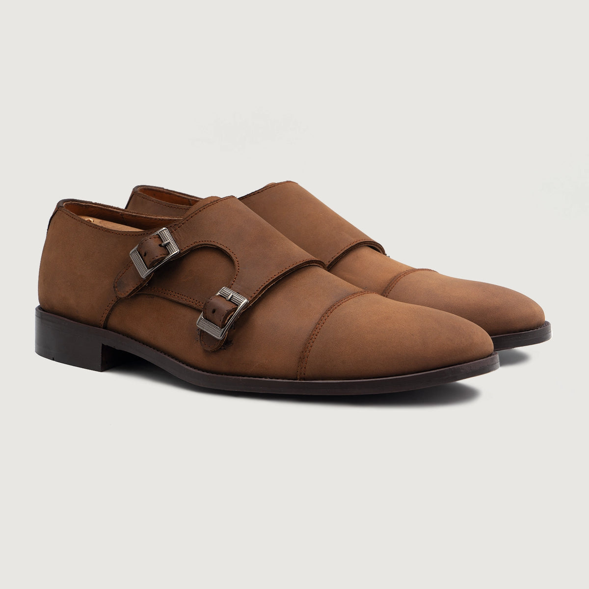 Boston Double Monk Strap Oil Pull-up Brown Leather Shoes