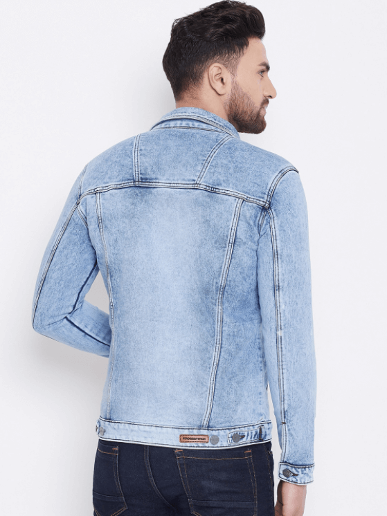 Mens Light Blue Denim Jacket with Classic Collar, Front Pockets, and Distressed Detailing