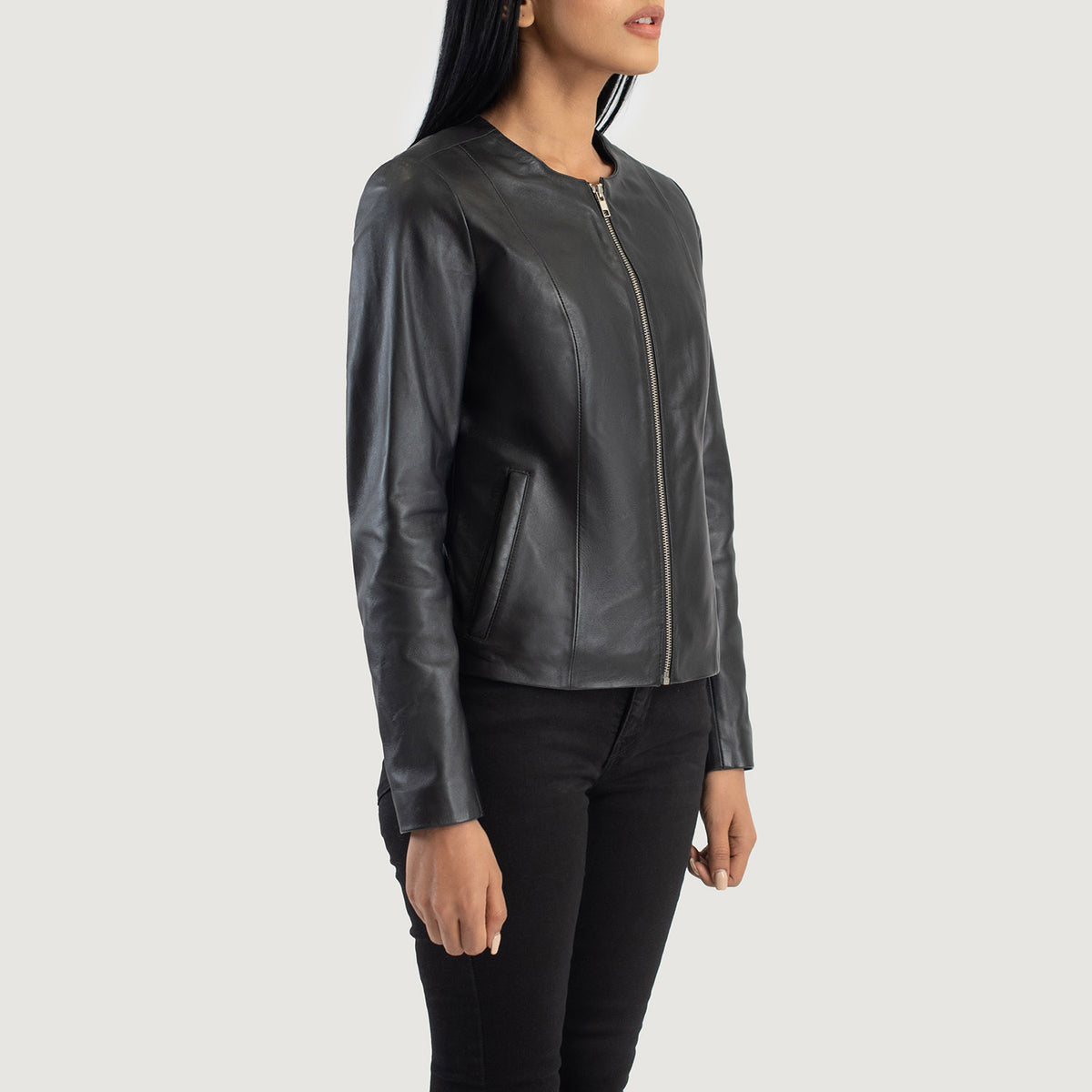 Women Black Collarless Leather Jacket