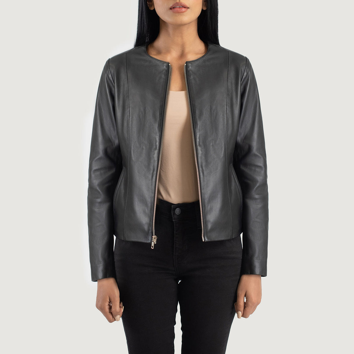 Women Black Collarless Leather Jacket