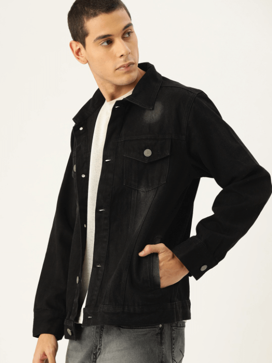 Stylish mens black denim jacket with classic design and utility pockets.