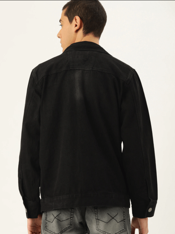 Black denim jacket worn by model in image