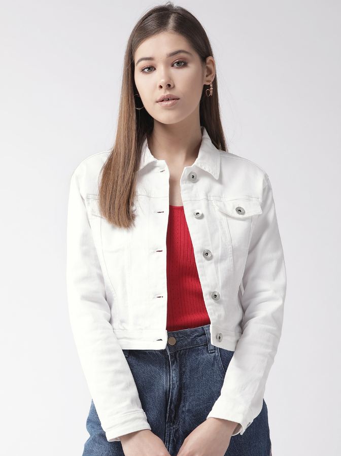 Women's white solid denim jacket on model with long dark hair