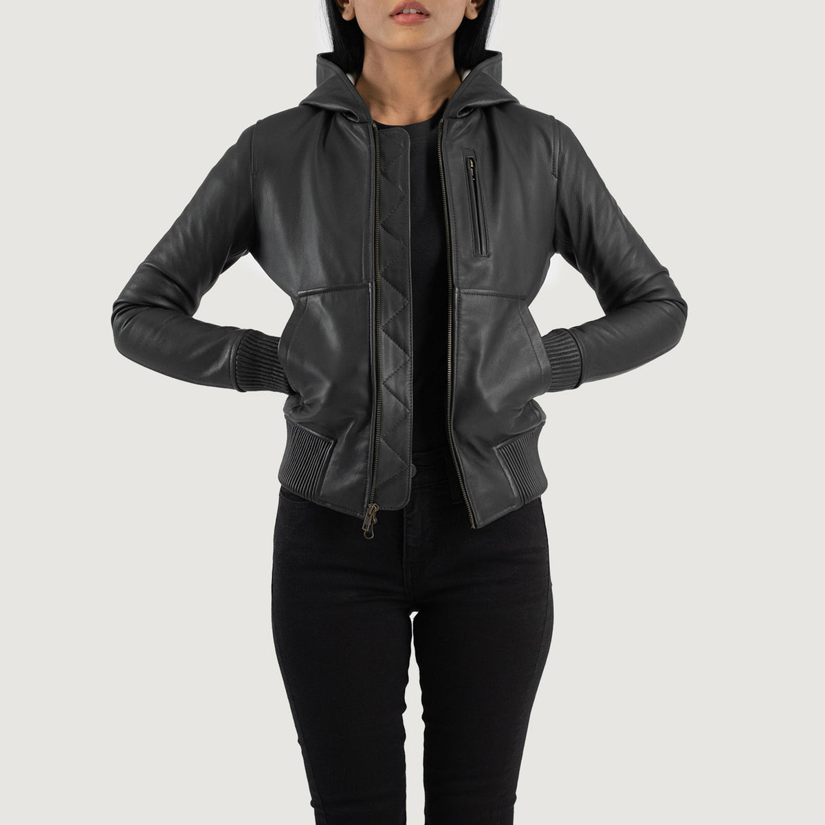 Luna Black Hooded Leather Bomber Jacket