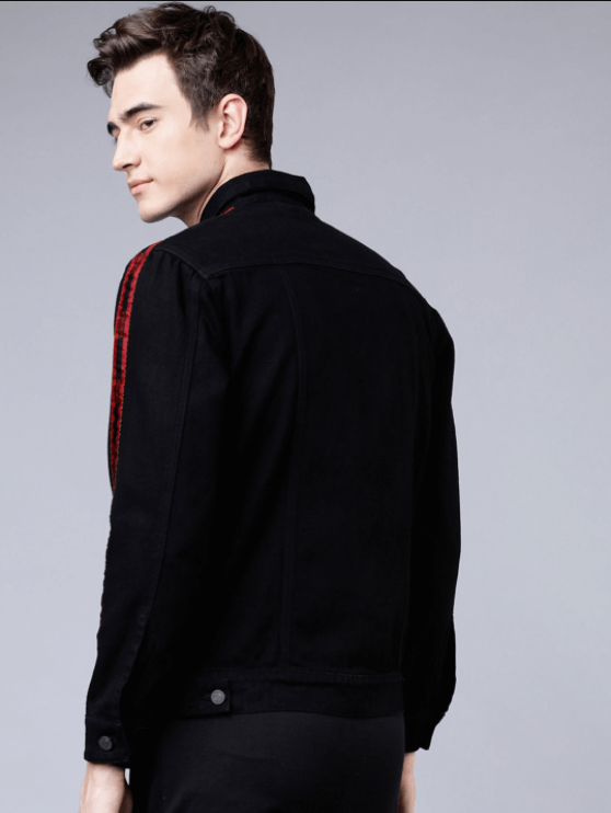 Stylish black denim jacket on male model showcasing fashionable menswear apparel from Ace Cart.