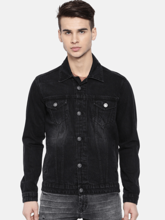 Black denim jacket for men, button-down design, classic style, fashionable apparel