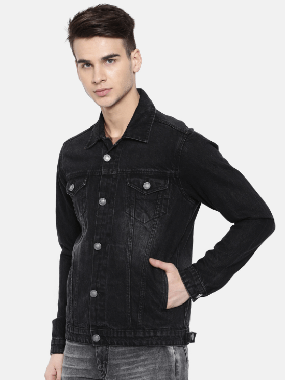 Mens denim jacket in black color, worn by a male model with short black hair against a plain white background.