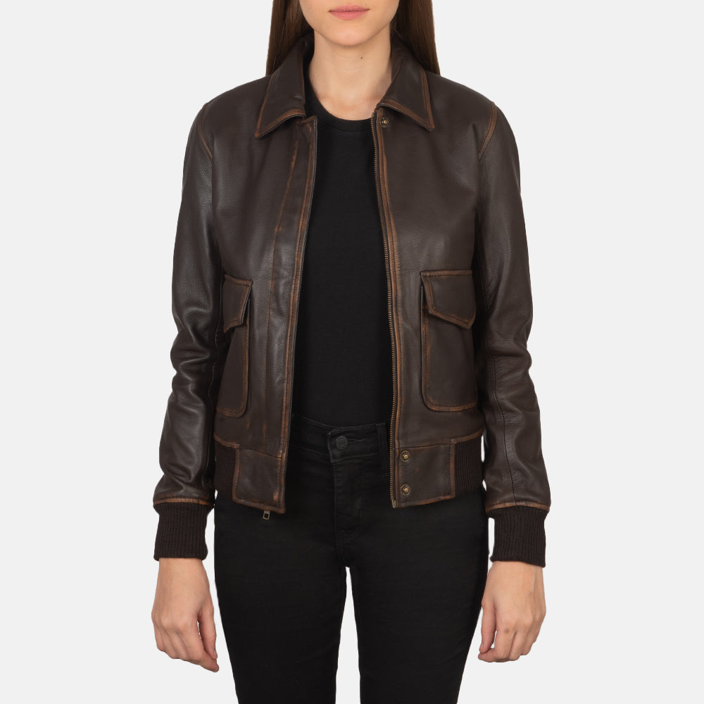 Ace Aviator Brown Leather Bomber Jacket For Womens