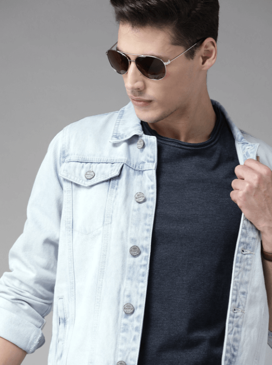 Light blue denim jacket for stylish men, sunglasses and casual t-shirt.