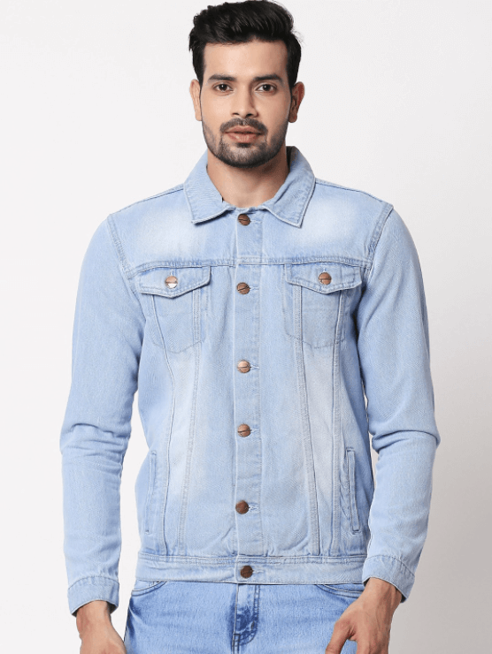 Light blue denim jacket worn by a man with dark hair and beard against a white background.