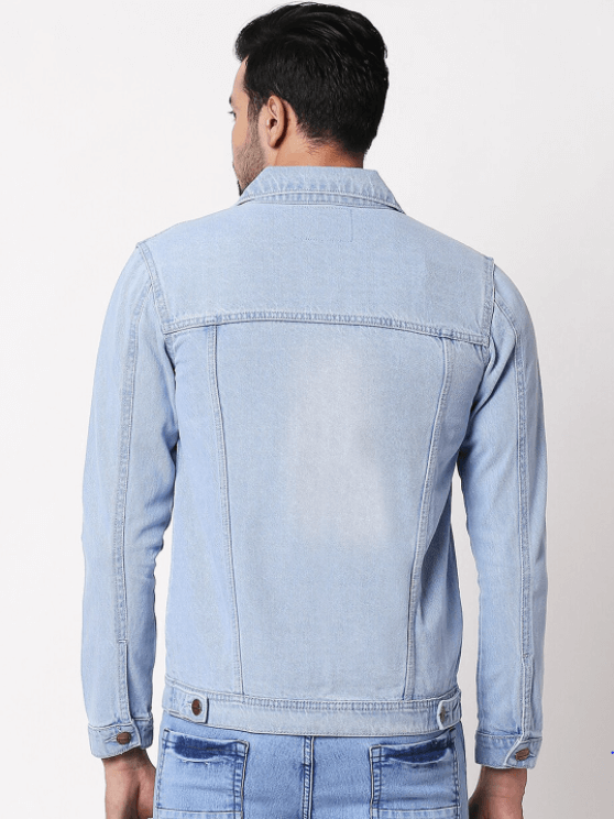 Mens denim jacket in light blue with classic collar and button closure
