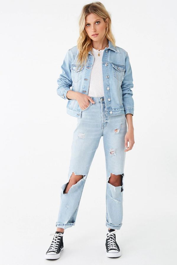Light blue denim jacket and ripped jeans, casual streetwear style for women