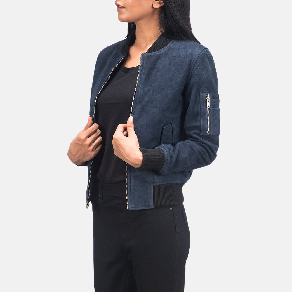 Blue Suede Bomber Jacket For Women