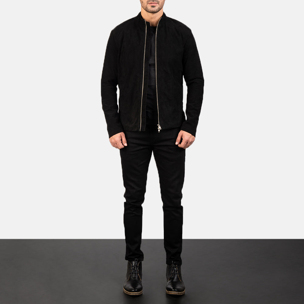 A stylish charcoal black suede biker jacket from the Ace Cart brand, worn by a male model standing against a plain white background.