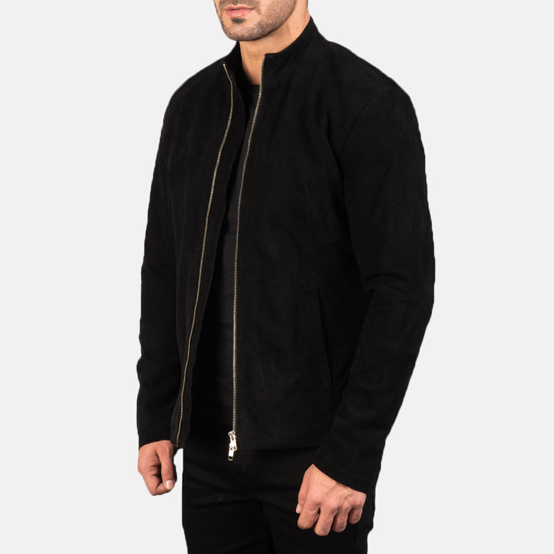 Charcoal Black Suede Biker Jacket by Ace Cart - stylish men's suede jacket with zip closure and modern silhouette.