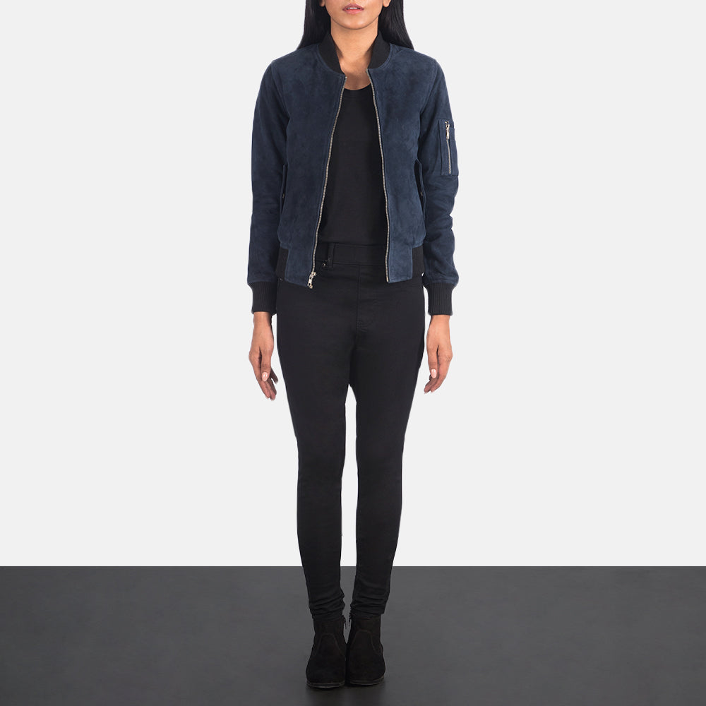 Blue Suede Bomber Jacket For Women