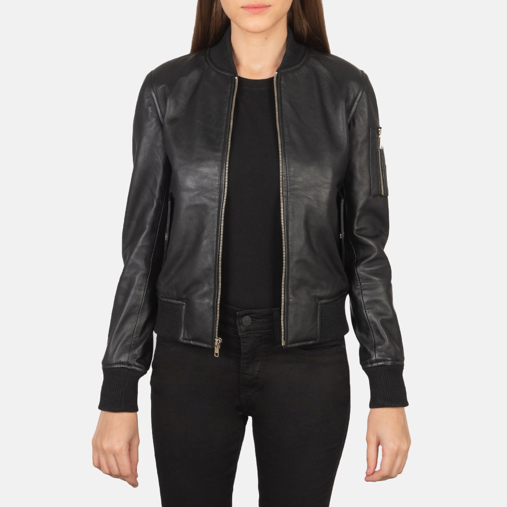 Aviator Black Leather Bomber Jacket For Women