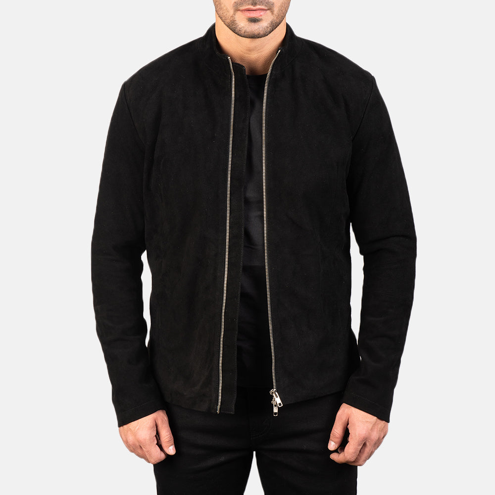 Charcoal black suede biker jacket, stylish men's outerwear from Ace Cart.