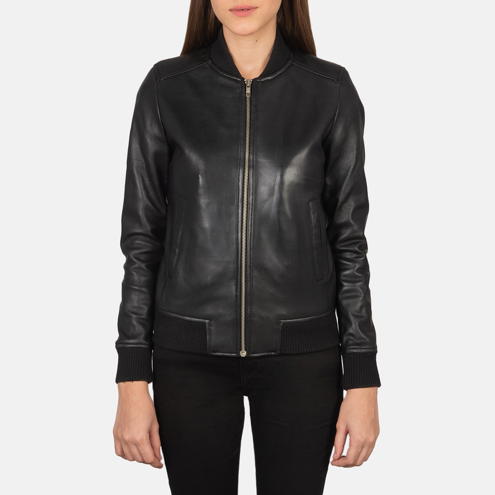 Bliss Black Leather Bomber Jacket For Women