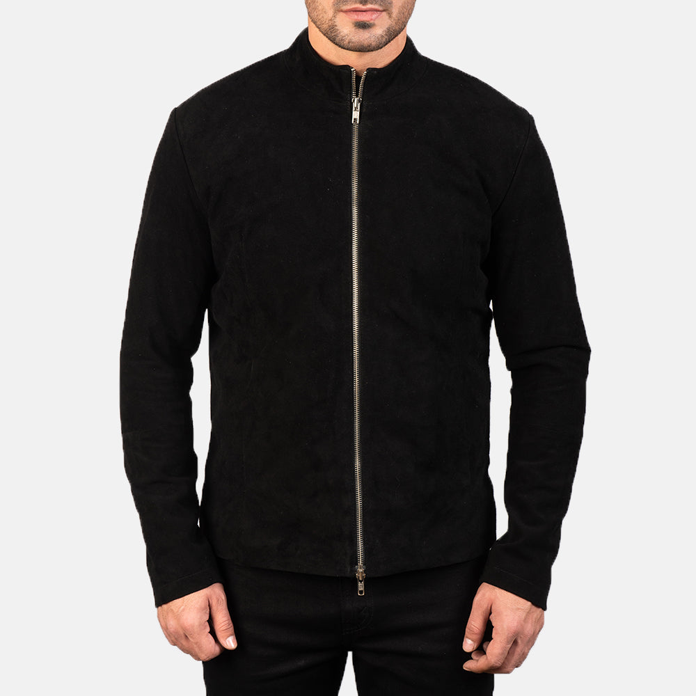 Charcoal black suede biker jacket with zip closure, worn by a man against a plain background.