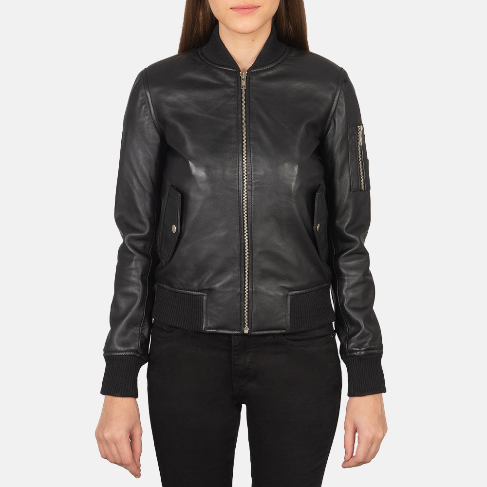 Aviator Black Leather Bomber Jacket For Women