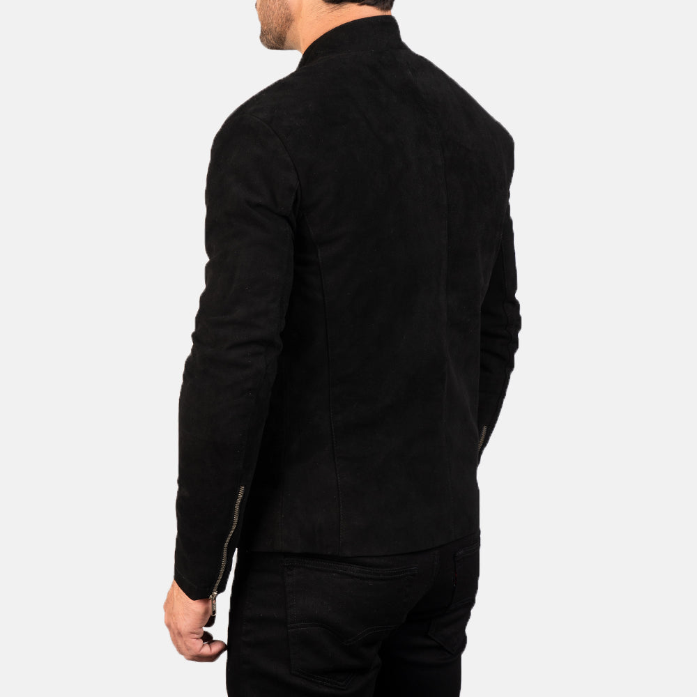 Charcoal black suede biker jacket with stand collar and zipper closure on a male model