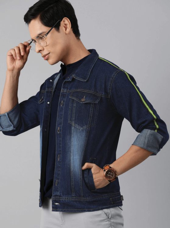Mens Denim Jacket in Dark Blue with Contrast Stitching
A classic denim jacket with a modern twist, featuring a dark blue shade and contrasting stitching details for a stylish look.