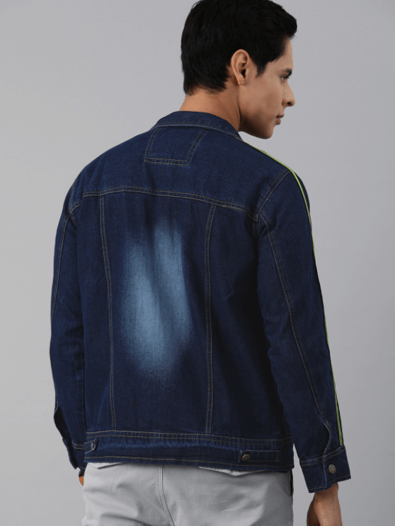 Dark blue denim jacket with contrast stitching for modern men's fashion.