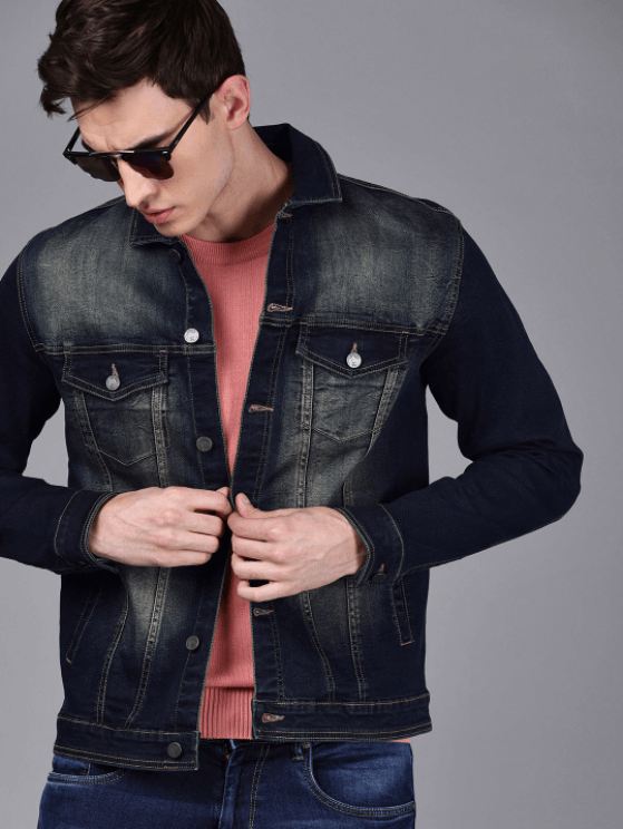 Stylish black denim jacket for men, featuring classic design with pockets and buttons.