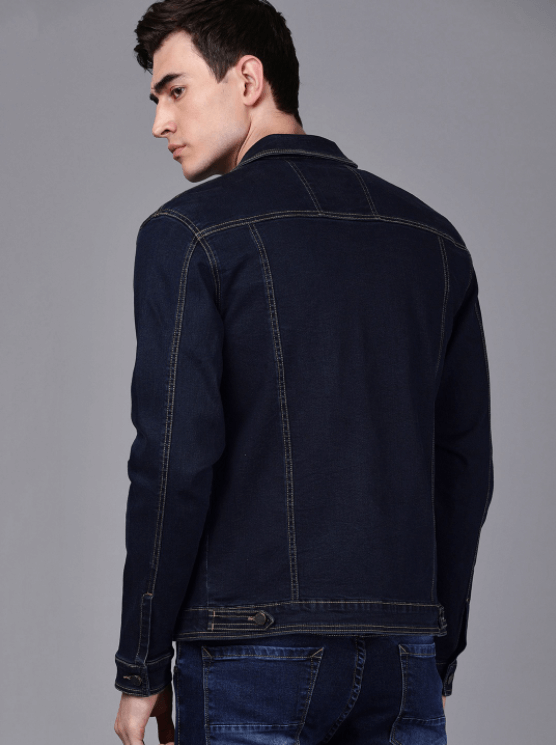 Stylish men's denim jacket in black, featuring classic stitching details and a tailored fit for a modern, casual look.
