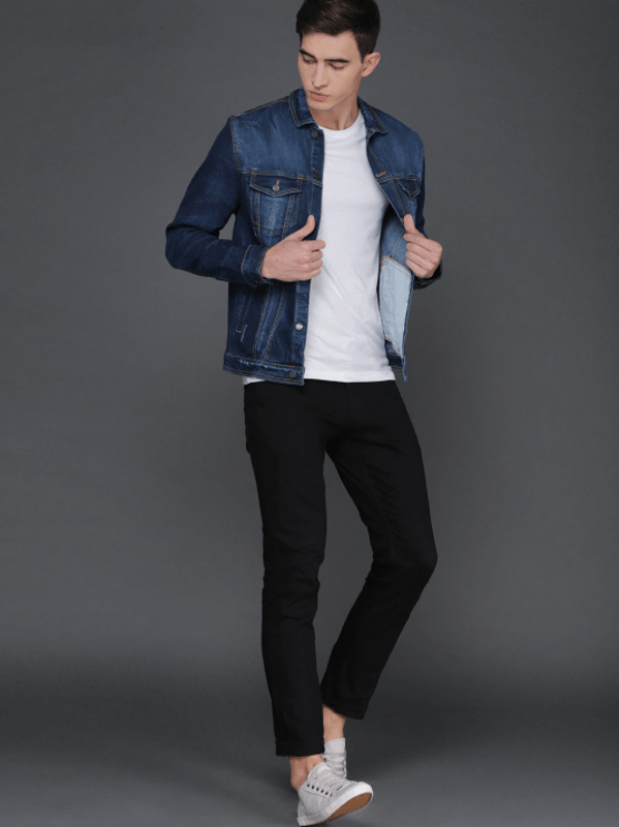 Dark blue denim jacket for men, casual outfit with white shirt and black pants, stylish men's apparel from Ace Cart.
