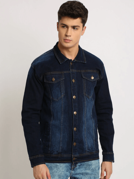 Dark blue denim jacket with snap buttons for stylish men's casual wear.