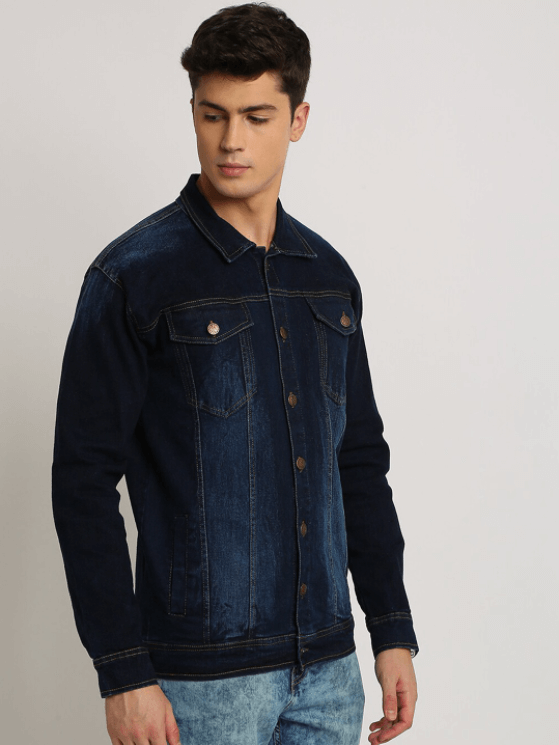 Mens Dark Blue Denim Jacket with Classic Collar and Button Closure