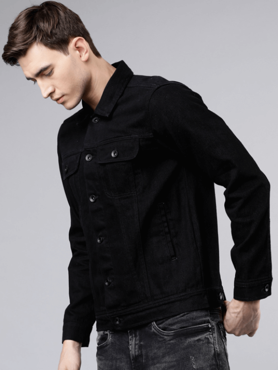 Stylish man's black denim jacket, fashionable winter outerwear for casual wear.
