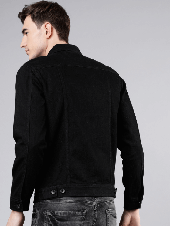 Black denim jacket featuring classic collar and button closure for men.