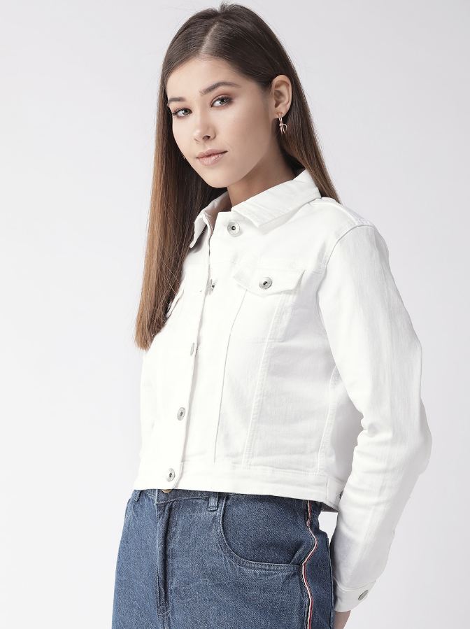 White denim jacket for women, stylish and versatile outerwear, featuring classic design elements.