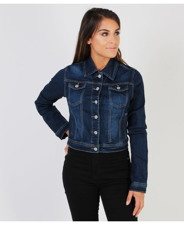 Dark blue solid women's denim jacket from Ace Cart, featuring a classic collar and button closure.