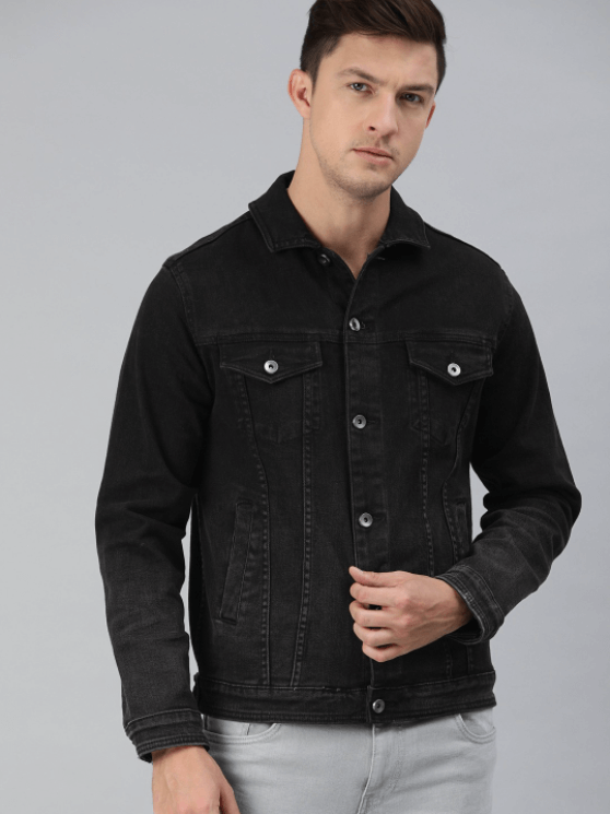 Black denim jacket for stylish men, featuring classic design and functional pockets.
