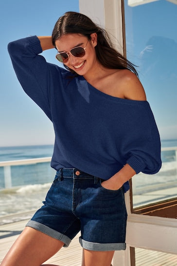 Stylish Off-The-Shoulder Knit Top In Navy Blue