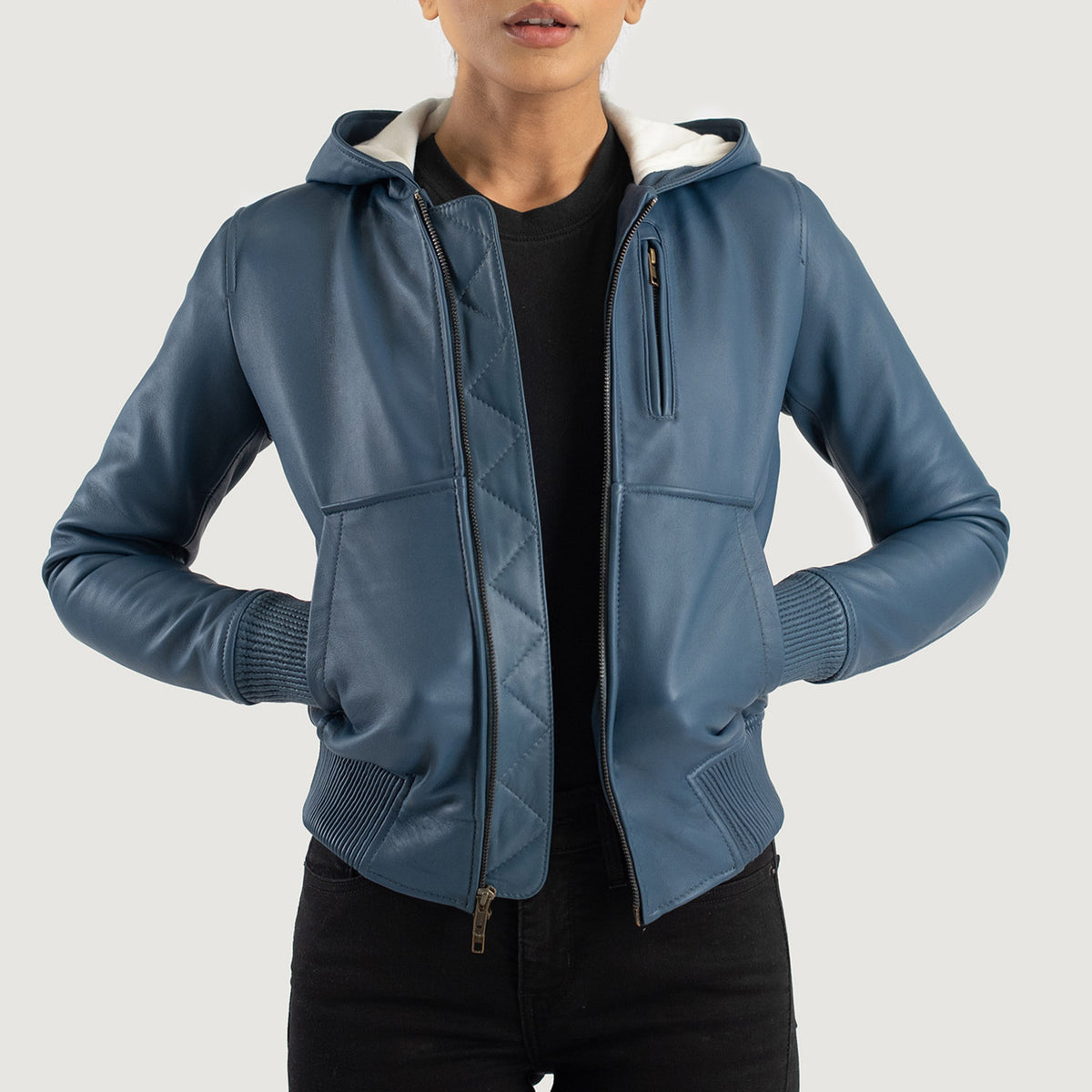 Luna Blue Hooded Leather Bomber Jacket