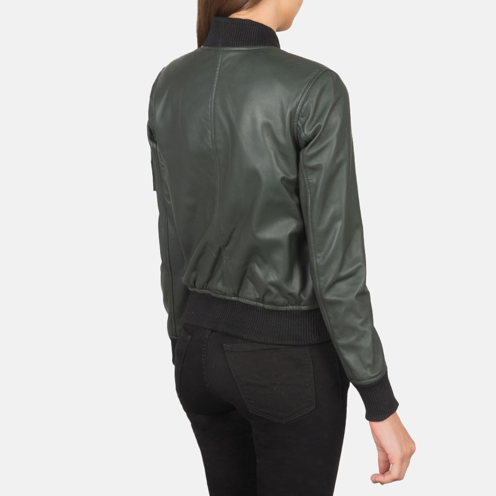 Aviator Green Leather Bomber Jacket For Women