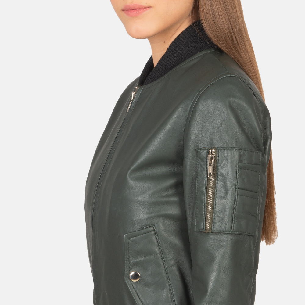 Aviator Green Leather Bomber Jacket For Women
